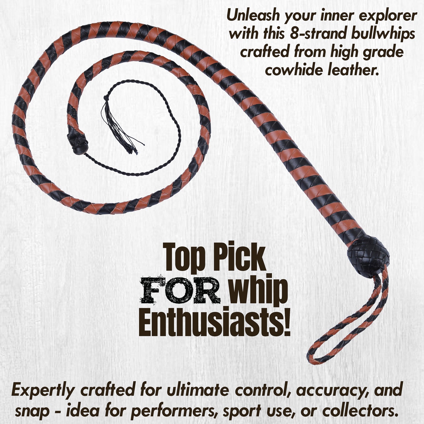 8 Strand Leather Bullwhip | Hand-Braided Design, Durable Handle, Precision Cracking Whip for Training, Performance & Costume Use