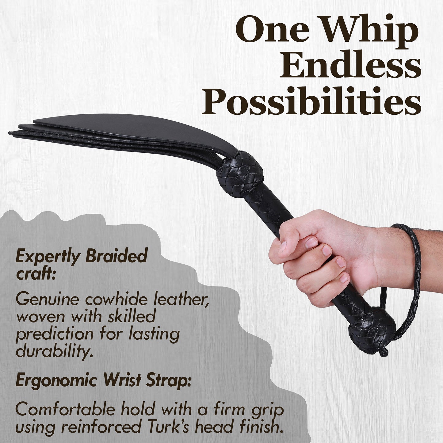 Rouge Black Leather 4 Strap Whip | Durable Multi-Tail Design, Comfortable Handle, Lightweight Impact Play & Costume Accessory