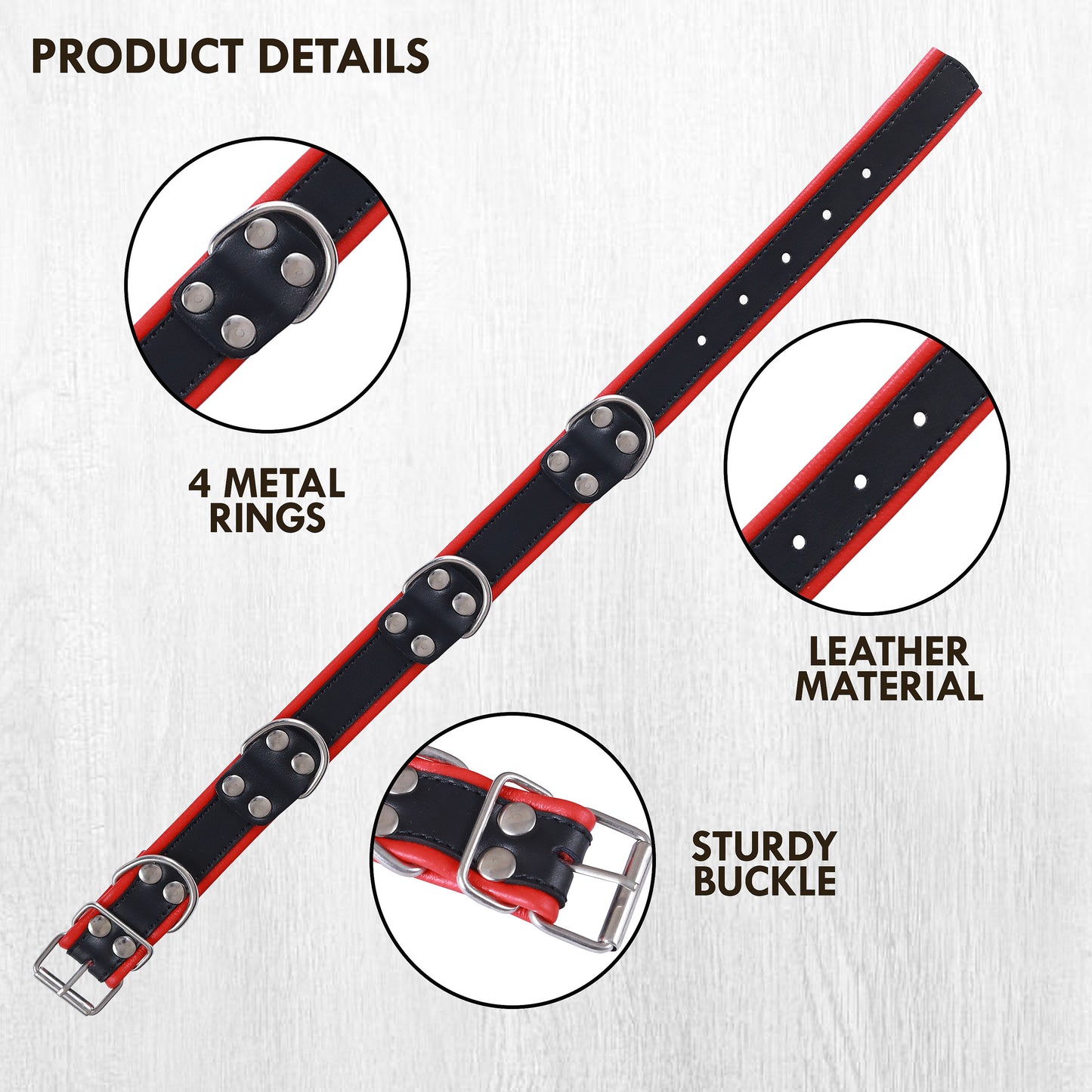 Premium Leather Dog Collar Red & Black | Adjustable Buckle, Strong D-Rings, Rivet Design, Comfortable Fit, Durable Pet Training & Walking Accessory
