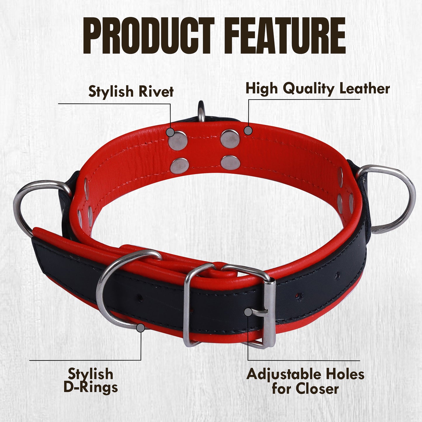 Premium Leather Dog Collar Red & Black | Adjustable Buckle, Strong D-Rings, Rivet Design, Comfortable Fit, Durable Pet Training & Walking Accessory