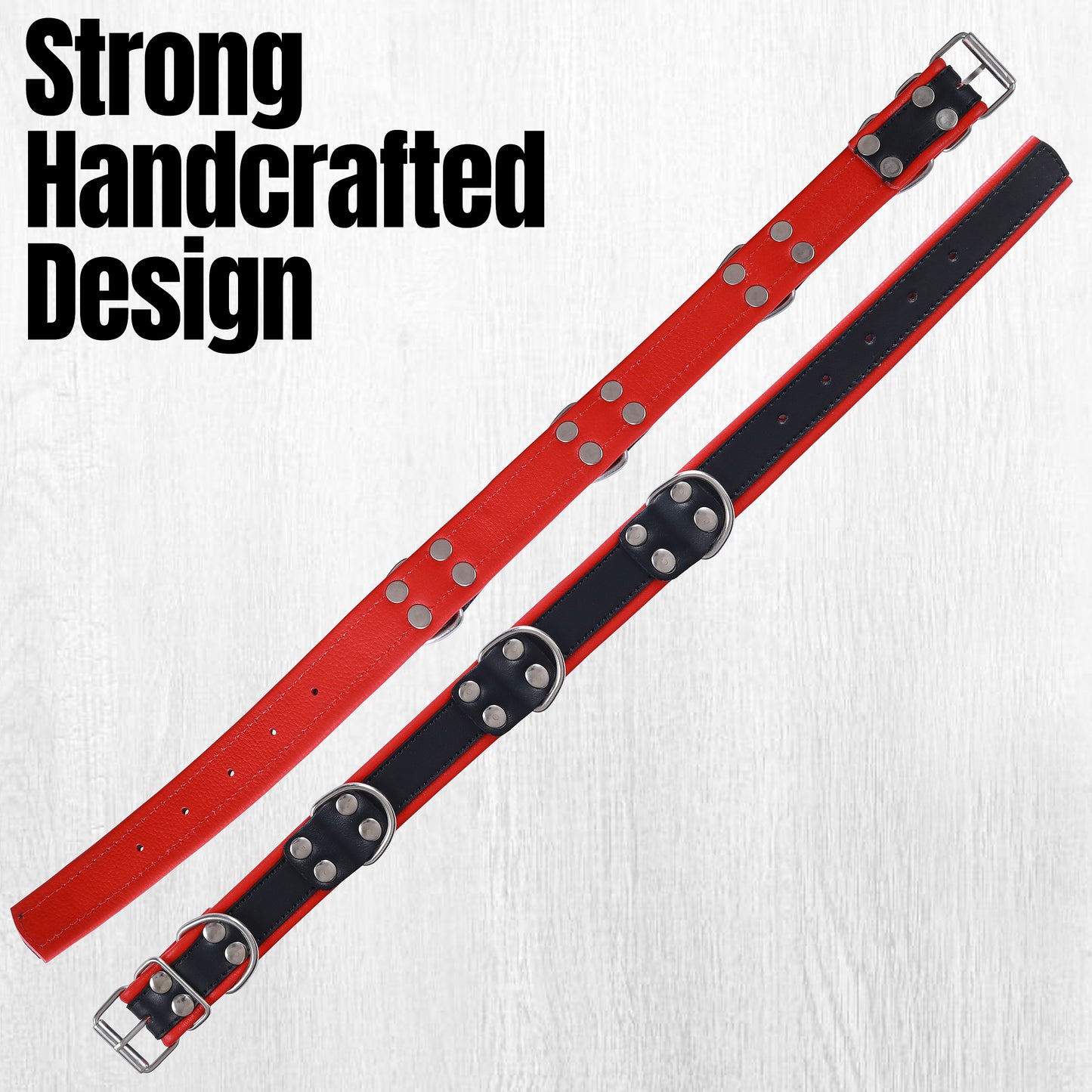 Premium Leather Dog Collar Red & Black | Adjustable Buckle, Strong D-Rings, Rivet Design, Comfortable Fit, Durable Pet Training & Walking Accessory