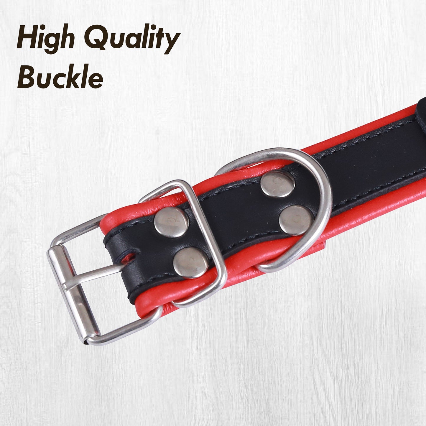 Premium Leather Dog Collar Red & Black | Adjustable Buckle, Strong D-Rings, Rivet Design, Comfortable Fit, Durable Pet Training & Walking Accessory