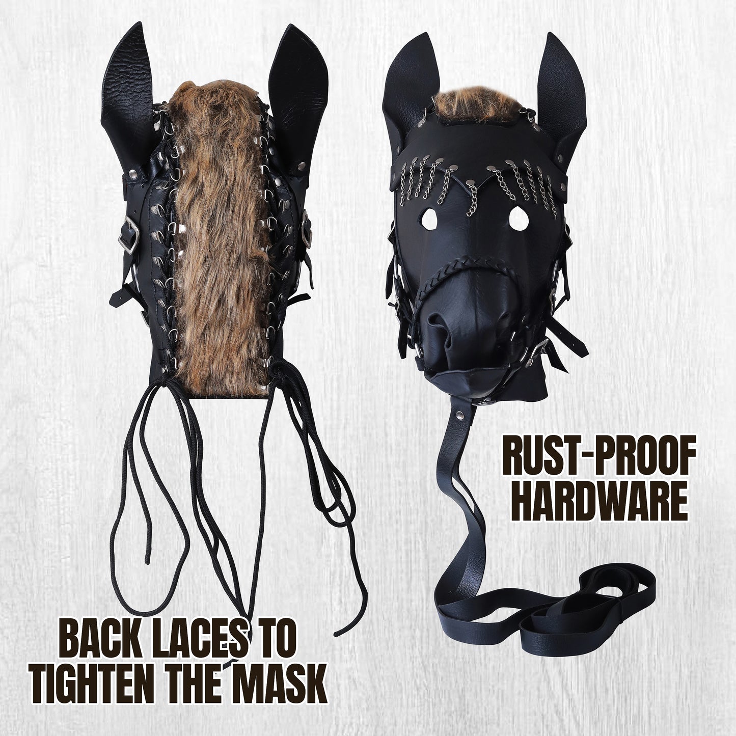 Leather Horse Head Mask with Mane | Adjustable Laces, Costume & Cosplay Roleplay Accessory