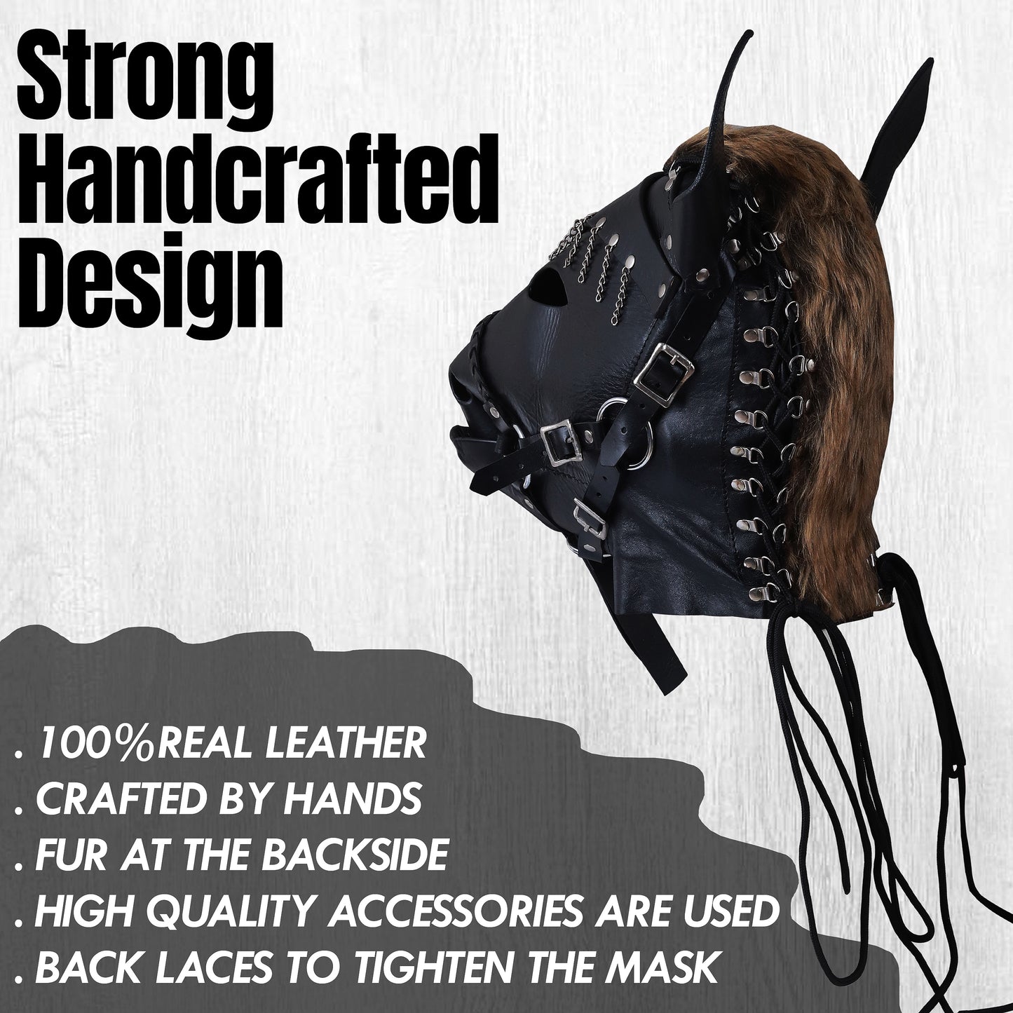 Leather Horse Head Mask with Mane | Adjustable Laces, Costume & Cosplay Roleplay Accessory