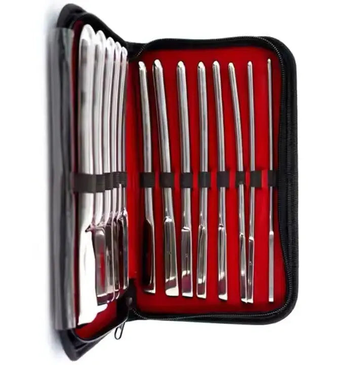 Hegar Uterine Dilator Set – 14 Double-Ended Stainless Steel Cervical Dilators (4mm–17mm) with Red & Black Zipper Case – Medical Gynecology Tool Kit