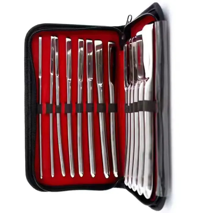 Hegar Uterine Dilator Set – 14 Double-Ended Stainless Steel Cervical Dilators (4mm–17mm) with Red & Black Zipper Case – Medical Gynecology Tool Kit