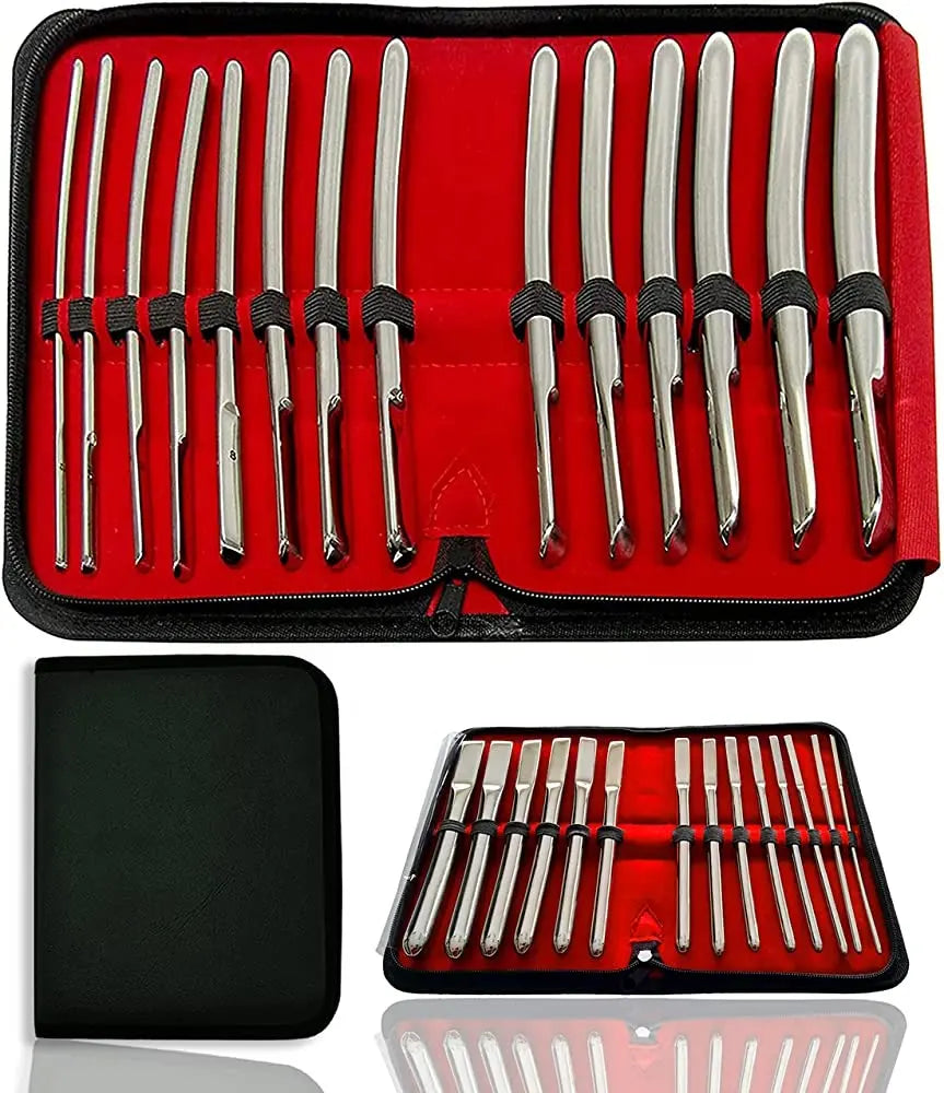 Hegar Uterine Dilator Set – 14 Double-Ended Stainless Steel Cervical Dilators (4mm–17mm) with Red & Black Zipper Case – Medical Gynecology Tool Kit