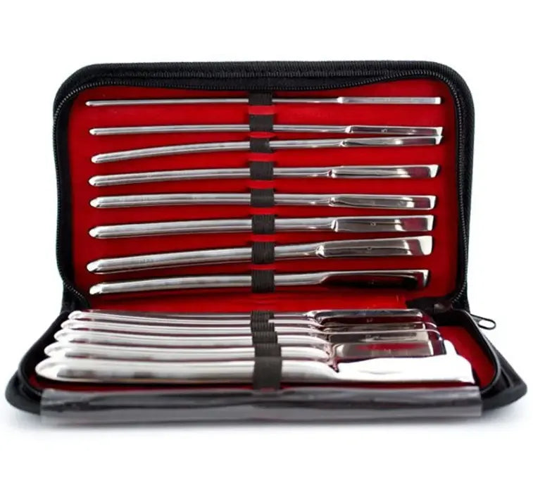 Hegar Uterine Dilator Set – 14 Double-Ended Stainless Steel Cervical Dilators (4mm–17mm) with Red & Black Zipper Case – Medical Gynecology Tool Kit