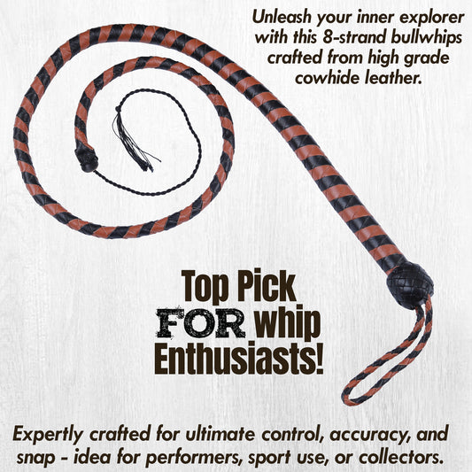 8 Strand Leather Bullwhip | Hand-Braided Design, Durable Handle, Precision Cracking Whip for Training, Performance & Costume Use
