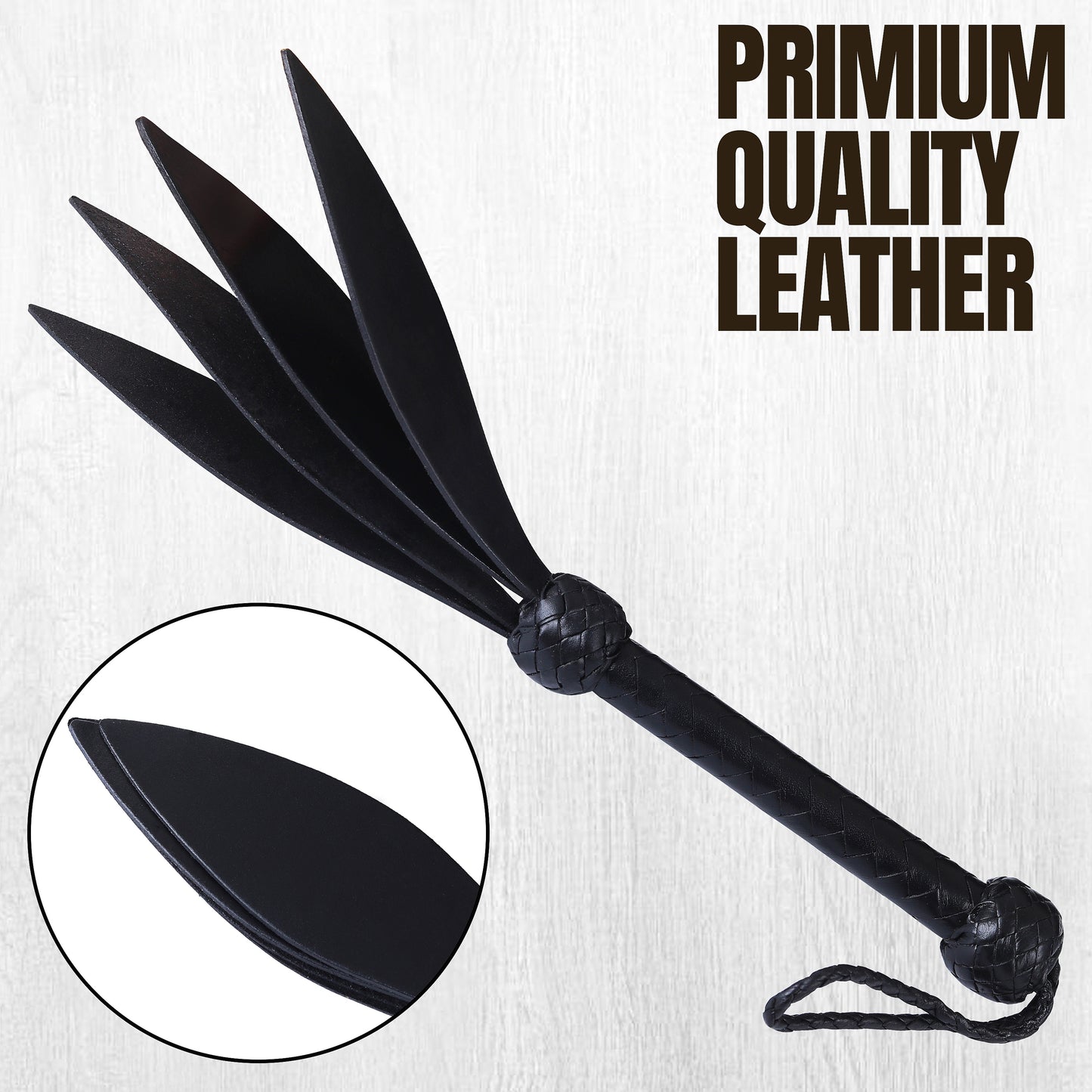 Rouge Black Leather 4 Strap Whip | Durable Multi-Tail Design, Comfortable Handle, Lightweight Impact Play & Costume Accessory