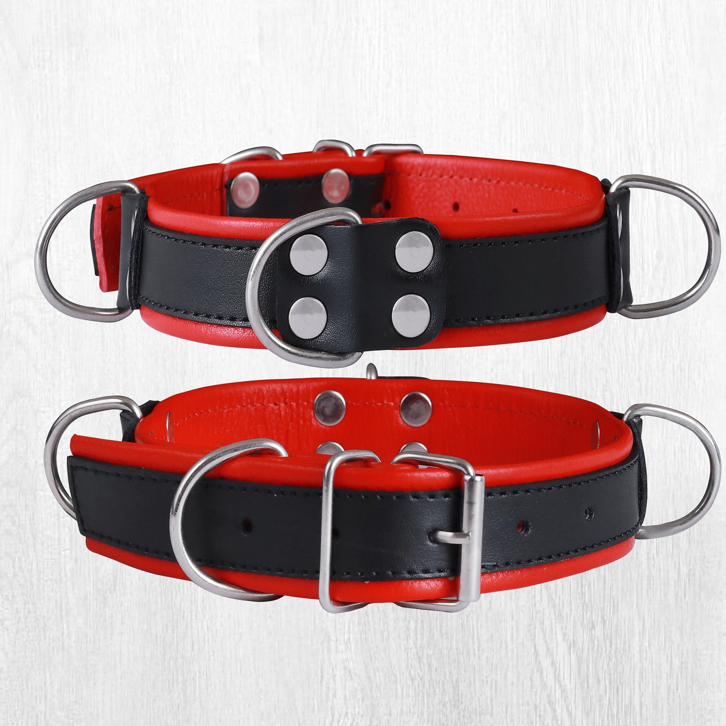 Premium Leather Dog Collar Red & Black | Adjustable Buckle, Strong D-Rings, Rivet Design, Comfortable Fit, Durable Pet Training & Walking Accessory