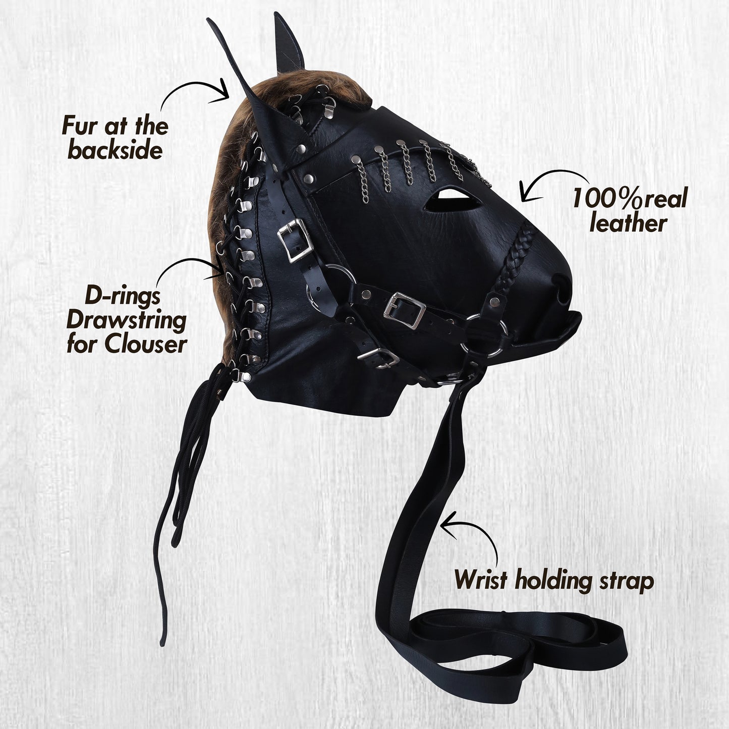 Leather Horse Head Mask with Mane | Adjustable Laces, Costume & Cosplay Roleplay Accessory