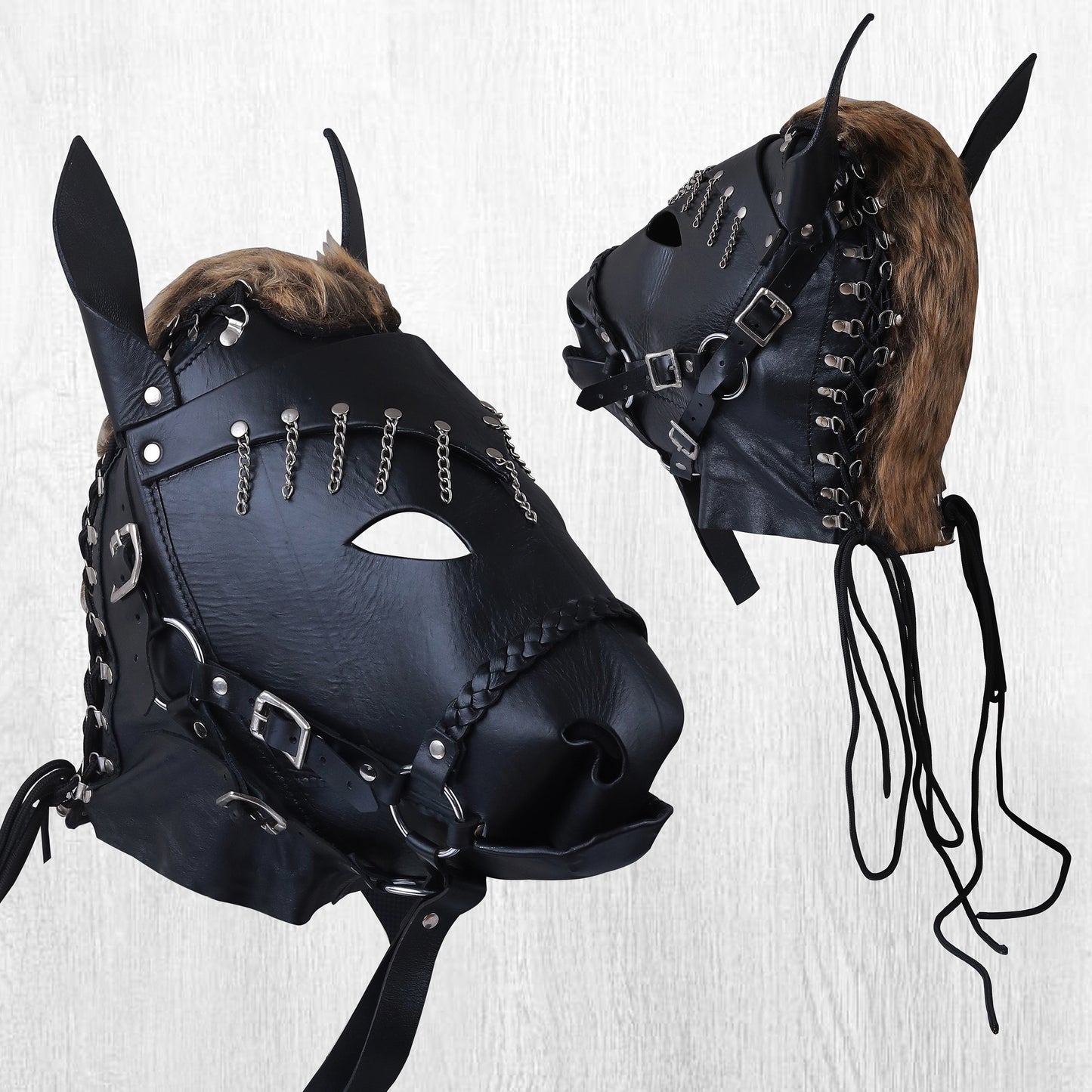 Leather Horse Head Mask with Mane | Adjustable Laces, Costume & Cosplay Roleplay Accessory